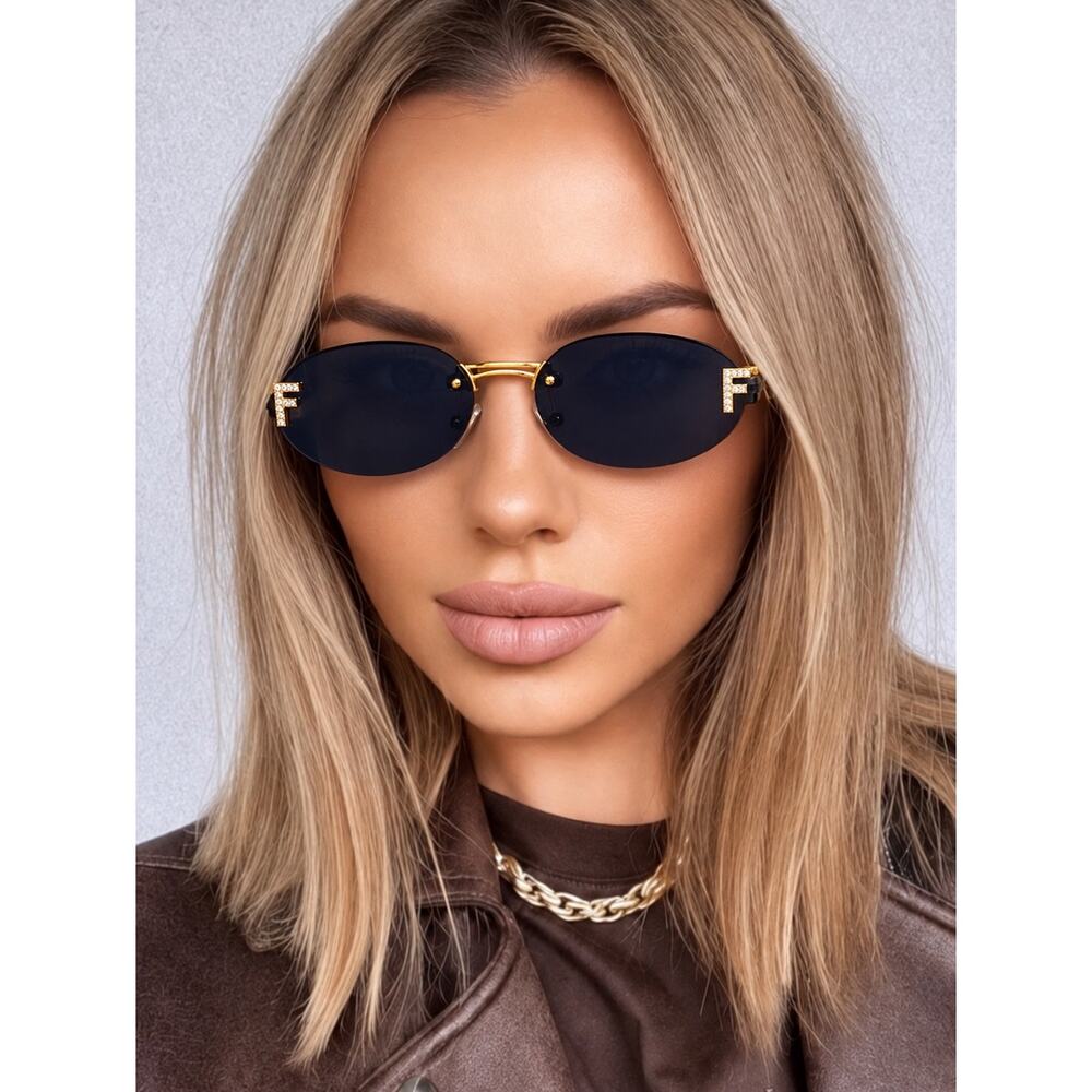 Fendi FE4075US First Crystal Gold Rimless Oval Sunglasses Grey Lenses